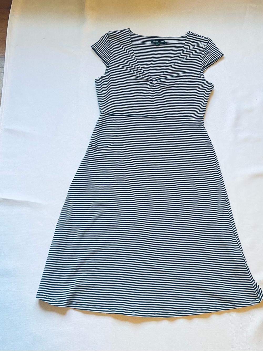Toad&Co S Navy White Striped A-Line Knee Length cottagecore Sleeve Dress Beach